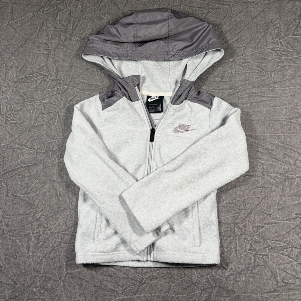 Nike Hoodie Kids 5 Gray Fleece Zip Up Mixed Media Hooded Jacket Sportswear